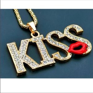 Rhinestone “KISS” and Lip Necklace